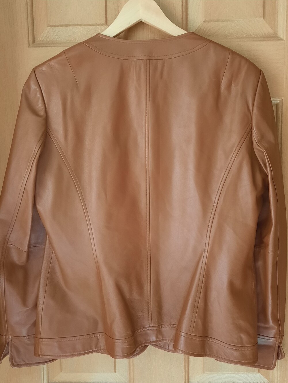 Talbots Genuine Leather Collarless Single-Button Jacket - Cognac Brown, Size 14 - Picture 3 of 8